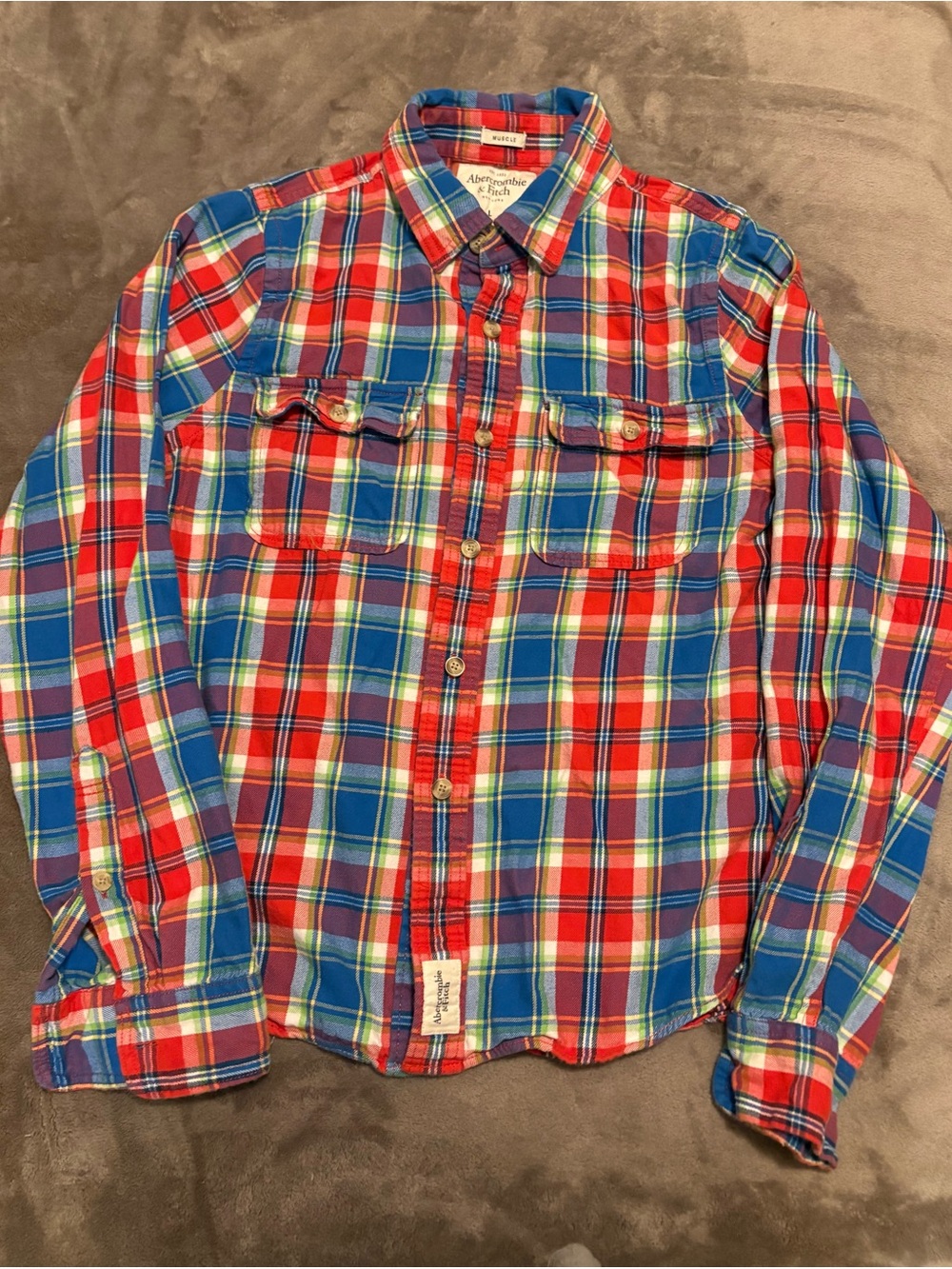 Abercrombie & Fitch Red, Blue and White Plaid Button-Down Shirt